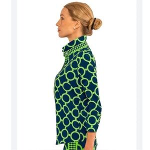 Gretchen Scott Designs Lime and Navy Patterned Blouse Sz M